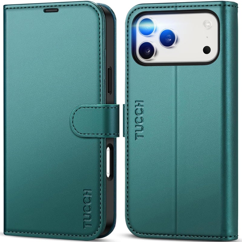 TUCCH Wallet Case for iPhone 17 Pro Max (6.9") 2025, 4 Card Holders | RFID Blocking | Stand | Shockproof TPU Shell | PU Leather | Magnetic Closure | Protective Flip Cover | Bluish Green - Image 1